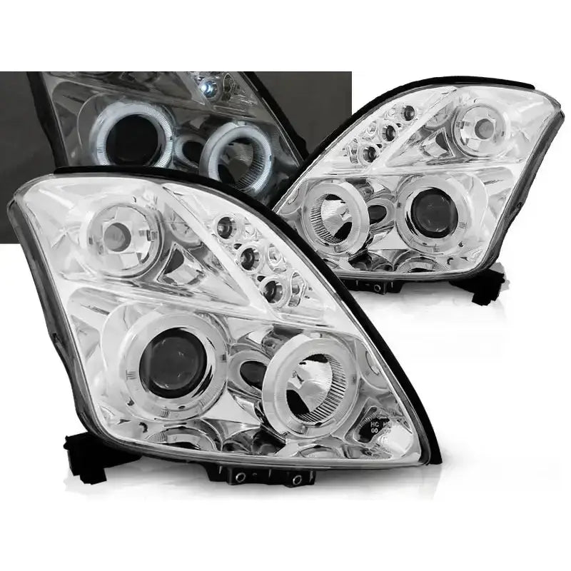 Frontlykter Suzuki Swift 05.05-10 Angel Eyes Chrome med runde reflekser og kromdetaljer, skrå vinkel.