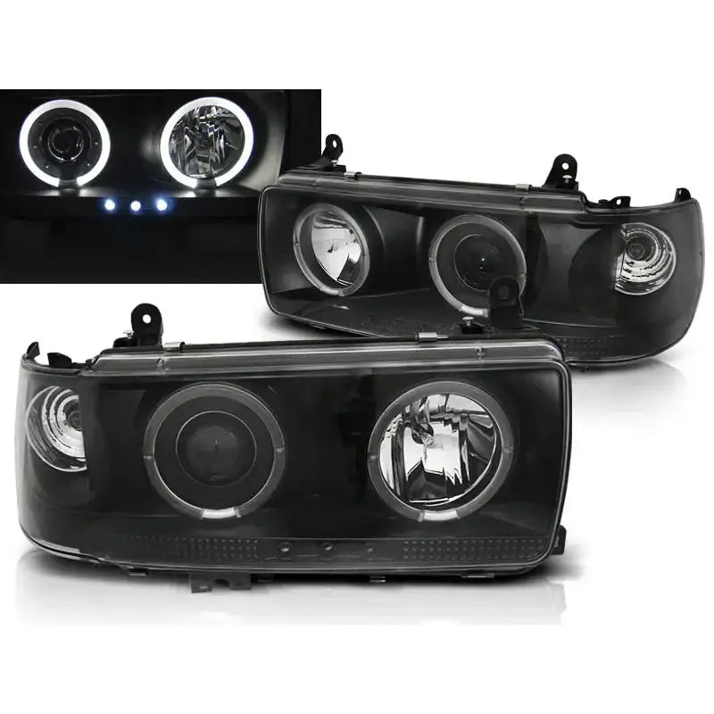 Frontlykter Toyota Land Cruiser FJ 80 Black med klare linser og runde LED-lys, vist forfra og fra siden.