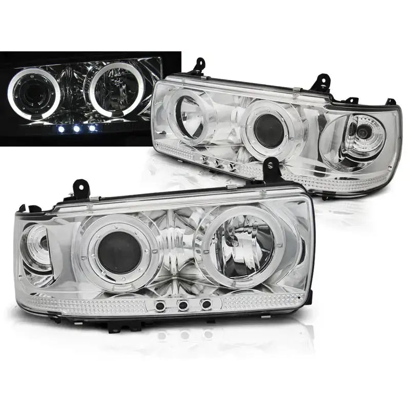 Frontlykter Toyota Land Cruiser FJ 80 Chrome med to runde lyktehus, LED-lysring og tre små LED-pærer.