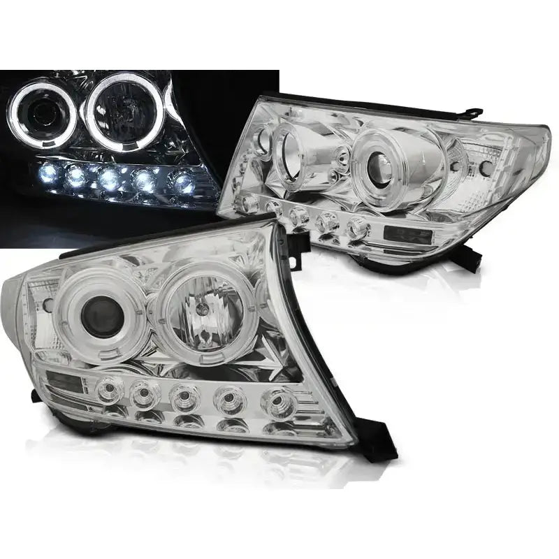 Frontlykter Toyota Land Cruiser FJ200 07-12 Angel Eyes Chrome sett skrått forfra med påslått lys.