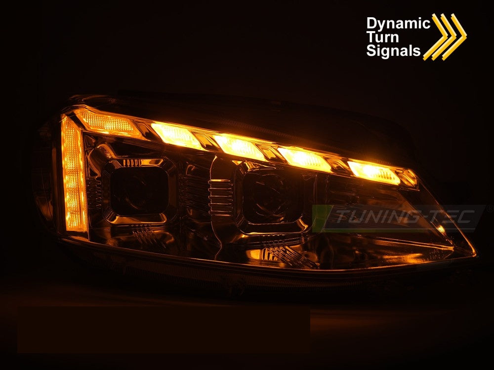 VW Golf 7 frontlykter med welcome-lys og LED DRL montert på bil sett fra siden