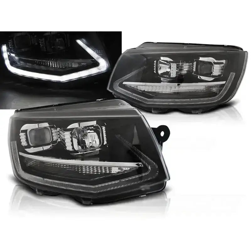 Frontlykter Volkswagen T6 15- Black Led Tru DRL med LED-striper og reflektordesign, tent foran.