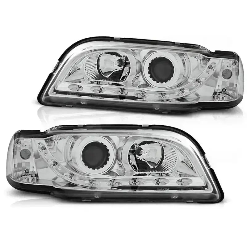 Hovedlykter Volvo S40/V40 02.96-04.00 Chrome LED med doble reflektorer og klare linser.