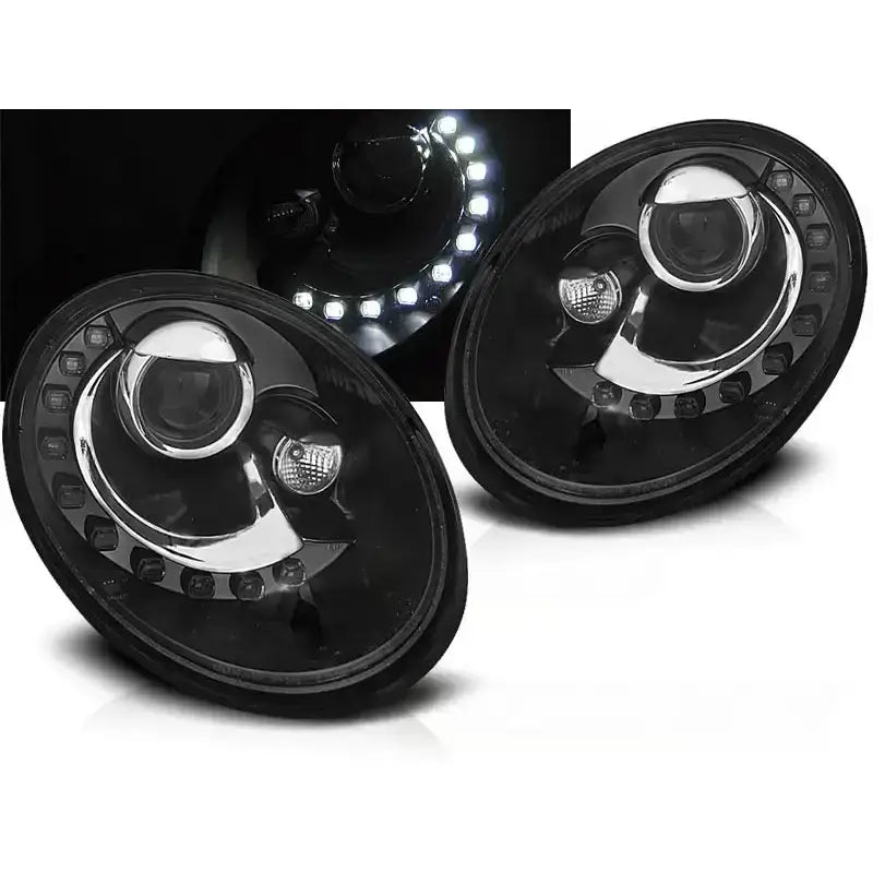 Frontlykter Vw Beetle 06-12 LED Black med sorte rammer og synlige LED-lys, sett forfra.
