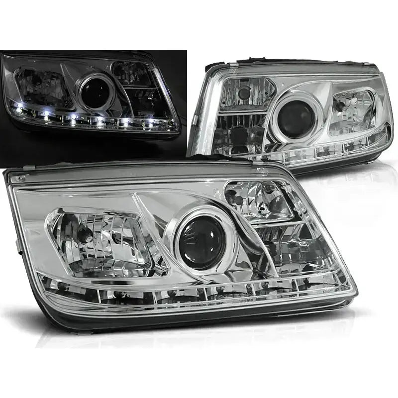 Frontlykter Vw Bora Daylight Chrome Led med klare linser og integrerte LED-lys, vist fra flere vinkler.