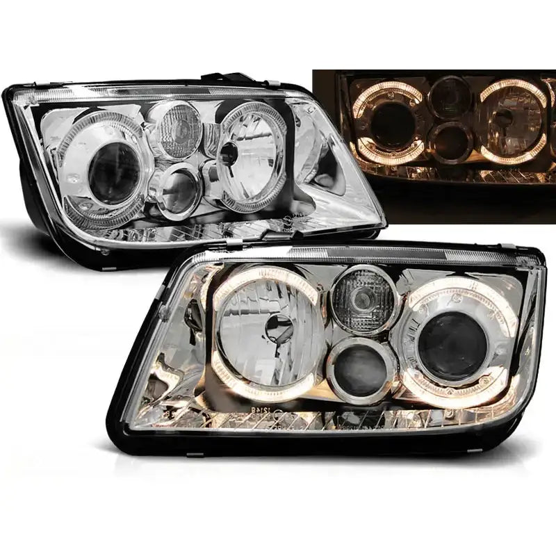 Frontlykter Vw Bora Angel Eyes Chrome med LED-ringer og sorte detaljer, vist forfra og fra siden.