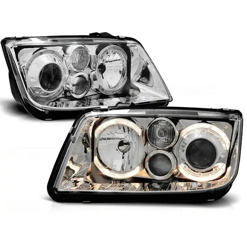 Hovedlykter Vw Bora 09.98-07.05 Angel Eyes Chrome sett fra front med kromdetaljer.
