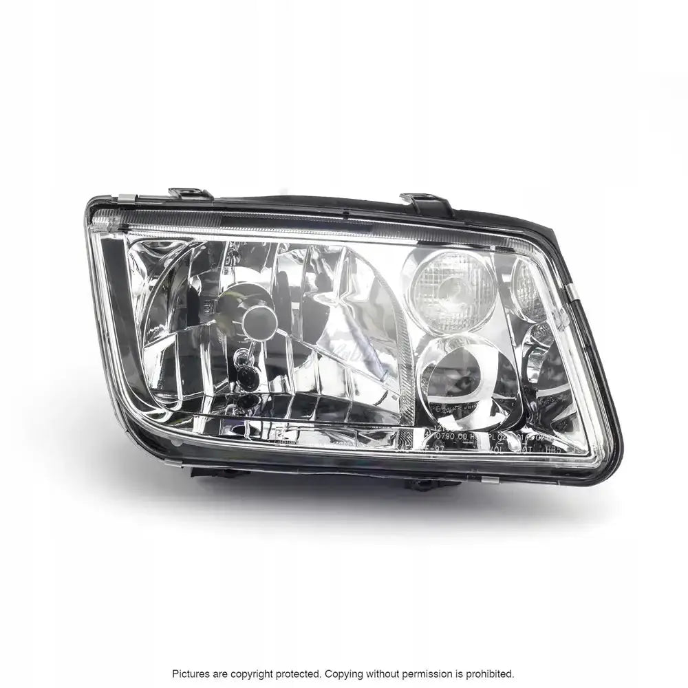 Headlamp Vw Bora 98-05 sedan H4, rektangulær billykt sett forfra med reflektorer og pærer.