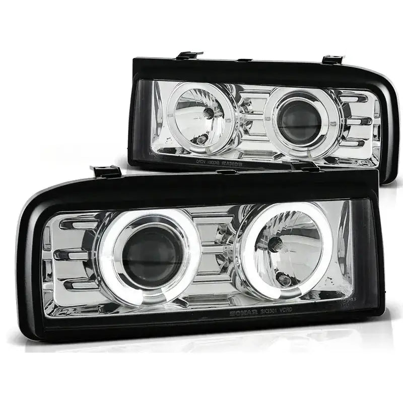 Frontlykter Vw Corrado 88-95 Angel Eyes Chrome med to runde reflektorer og LED-ring, sett forfra.