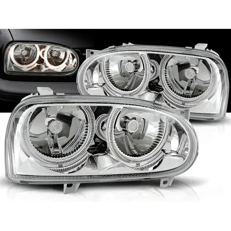 Frontlykter Vw Golf 3 09.91-08.97 Angel Eyes Chrome Halo Rims
