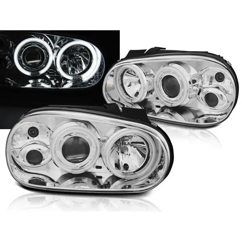 Frontlykter Vw Golf 4 09.97-09.03 Chrome med tent hvit CCFL Halo-ring, sett forfra.