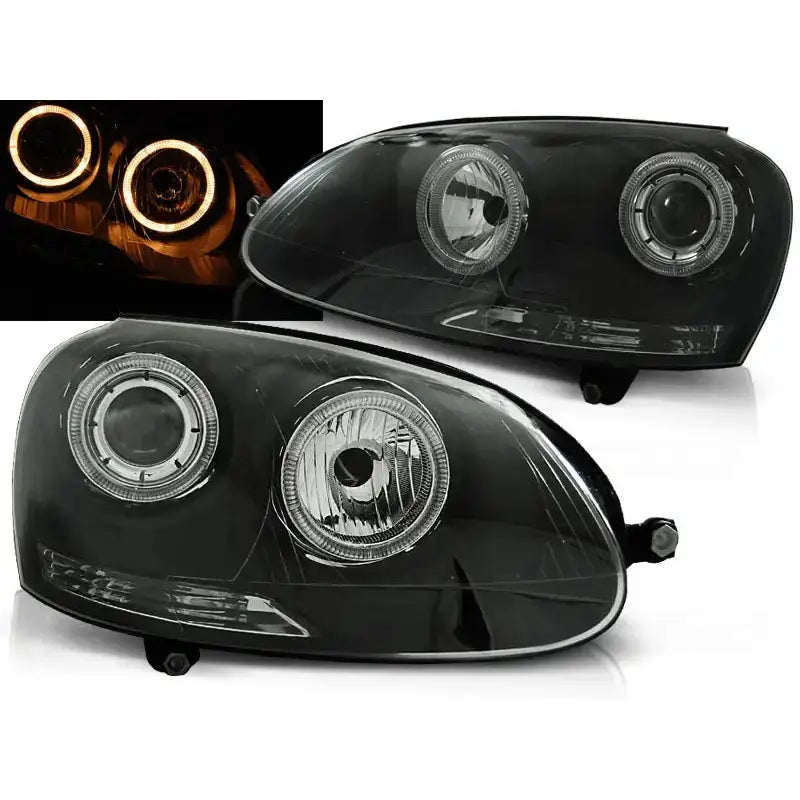 Frontlykter Vw Golf 5 Angel Eyes Black med klare glass og oransje lysringer, sett forfra.