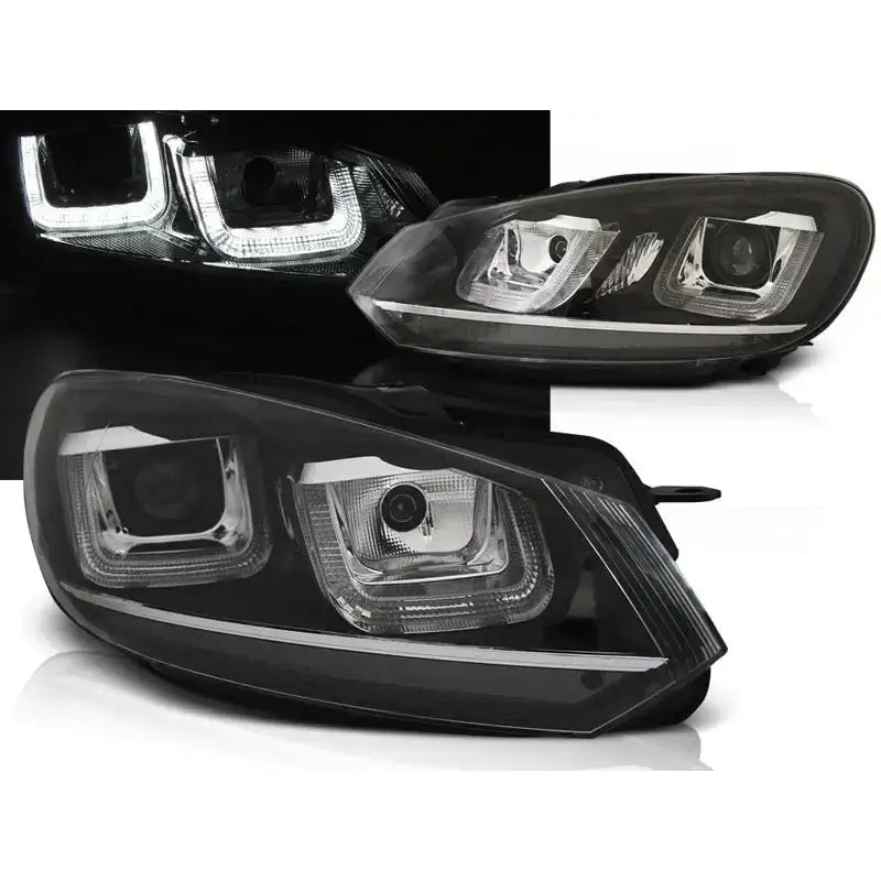 Frontlykter Vw Golf 6 U-Type Black Chrome Line DRL sett fra skrå vinkel med LED-lys påslått.