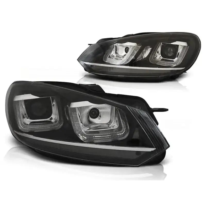 Hovedlykter Vw Golf 6 08-12 U-Type i svart og klart glass med LED-stripe, skrå vinkel.