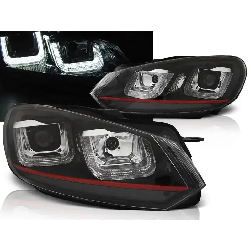 Frontlykter Vw Golf 6 U-Type Black Red Line med LED-lys og rød linje, sett forfra og fra siden.