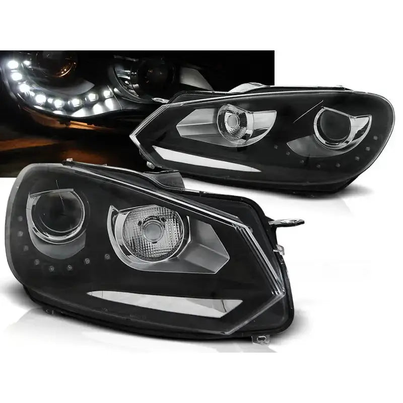 Frontlykter Vw Golf 6 10.08-12 Daylight Black med LED-detaljer og reflektorer, vist i skrå vinkel.