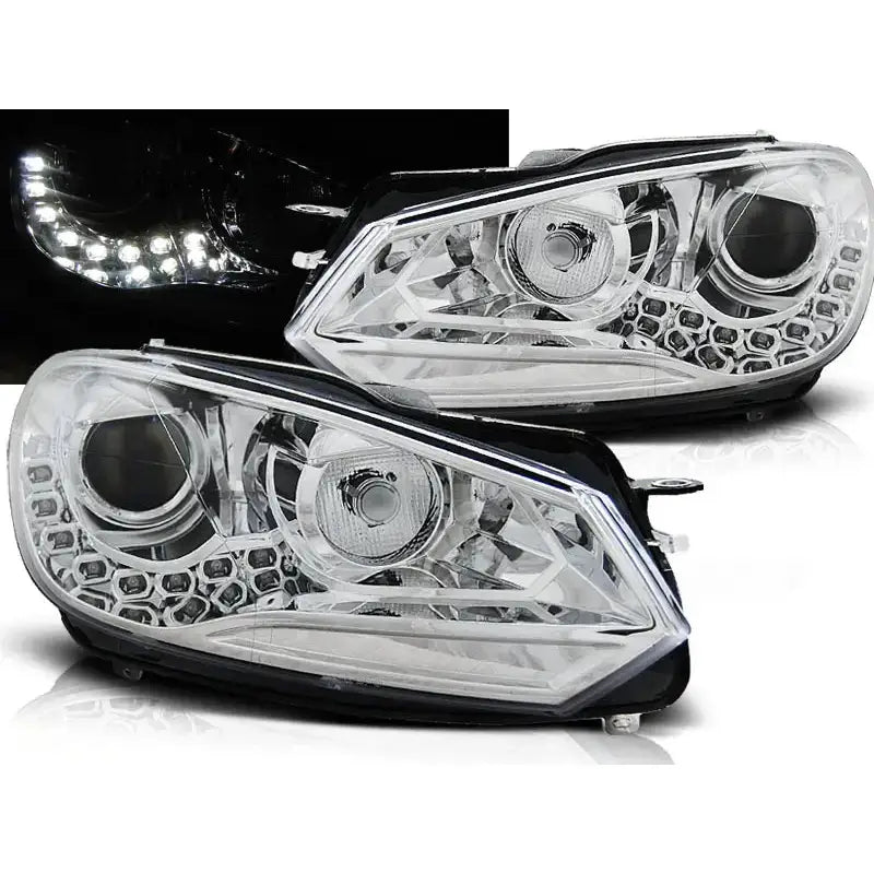 Frontlykter Vw Golf 6 10.08-12 Tru DRL Chrome Led med LED-posisjonslys og detaljer i krom.