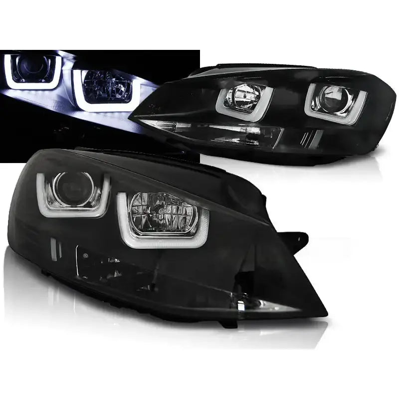 Frontlykter Vw Golf 7 U-Type Black med rektangulære LED-rammer, nærbilde mot hvit bakgrunn.