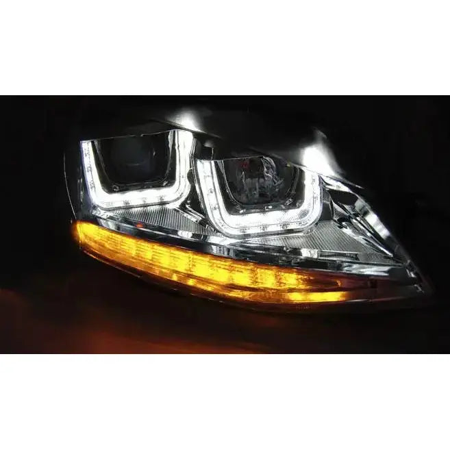Headlights Vw Golf 7 U-Type Black DRL med to hvite LED-rammer og oransje blinklyslinje.