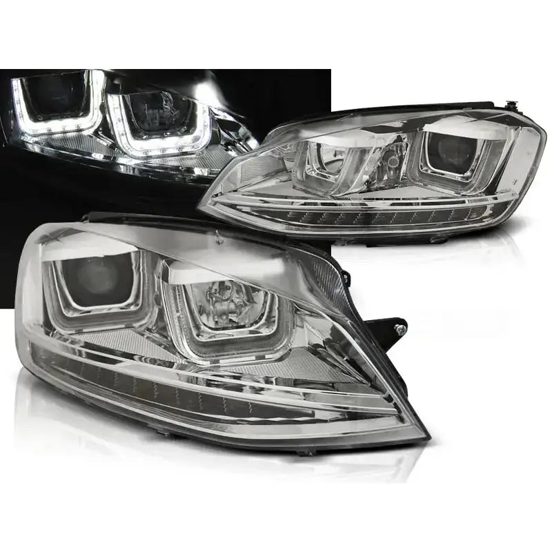 Frontlykter Vw Golf 7 U-Type Chrome DRL med LED-lys tent, sett fra skrå vinkel.