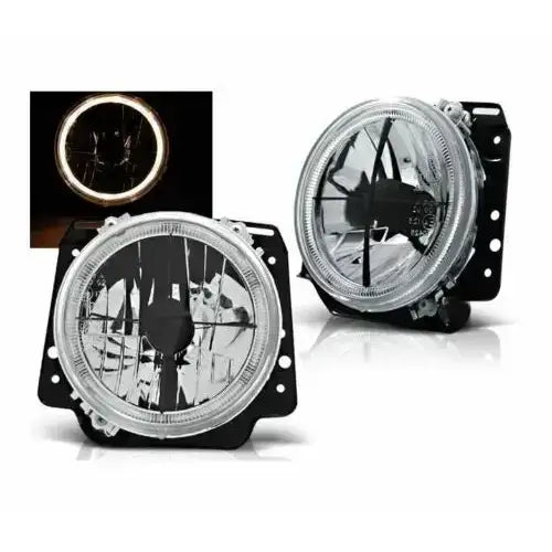 Frontlykter Vw Golf II Angel Eyes Chrome svart kors, to runde lykter med LED-ring, skrå frontvisning.