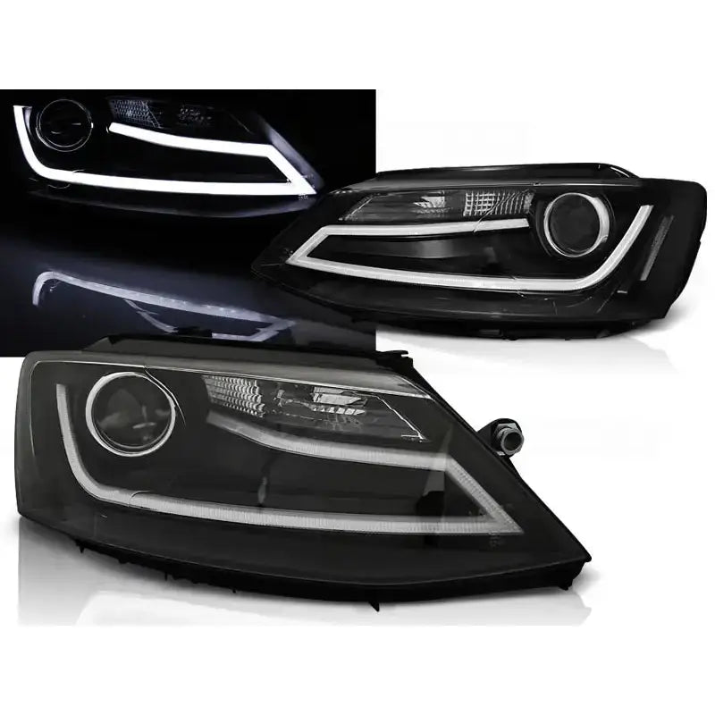 Frontlykter Vw Jetta VI 1.11- Tube Light Black med LED-lys, vist fra flere vinkler.