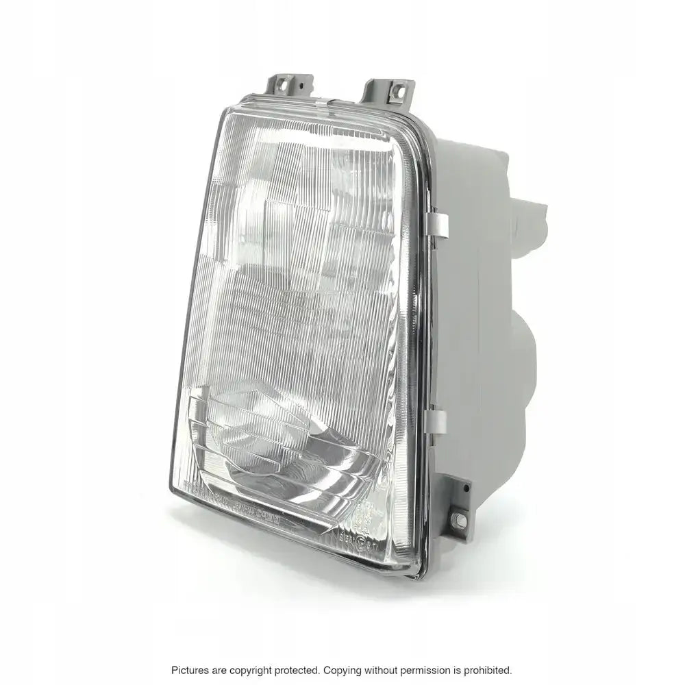 Headlights Vw LT 96-06 rektangulær billykt med klart glass og sølv reflektor, sett forfra og fra siden.
