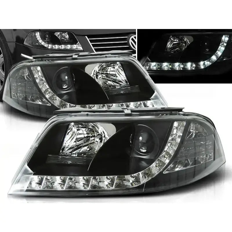 Frontlykter Vw Passat 3BG 09.00-03.05 i svart med LED-bue, sett fra skrå vinkel.
