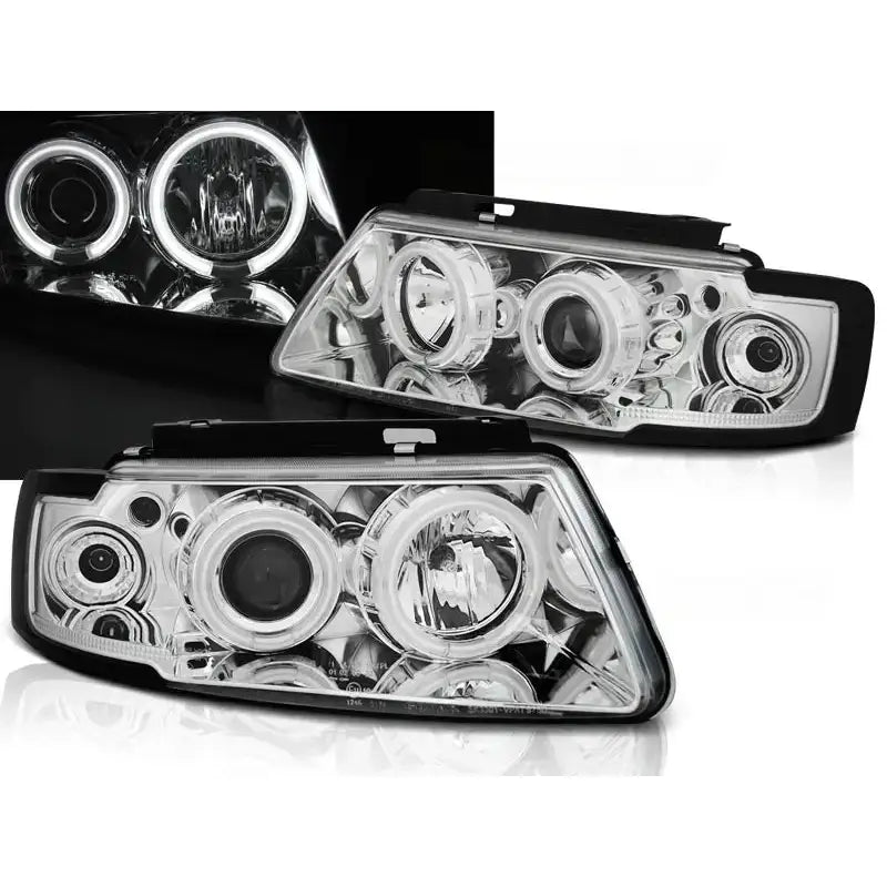 Frontlykter Vw Passat B5 Angel Eyes CCFL Chrome sett med LED-halo, vist fra skrå frontvinkel.