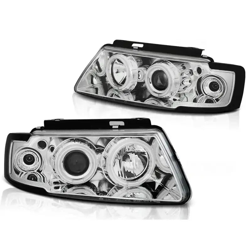 Hovedlykter Vw Passat B5 3B Angel Eyes CCFL Chrome sett skrått forfra med runde reflektorer.
