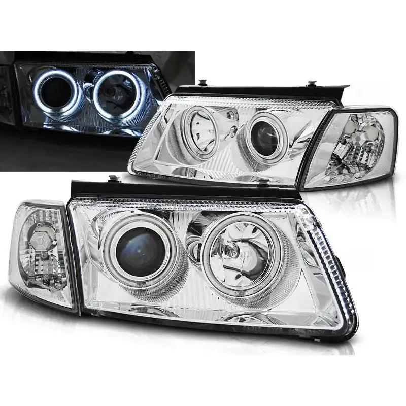 Frontlykter Vw Passat B5 3B med halo-ringer i krom, sett forfra med LED-ring tent.