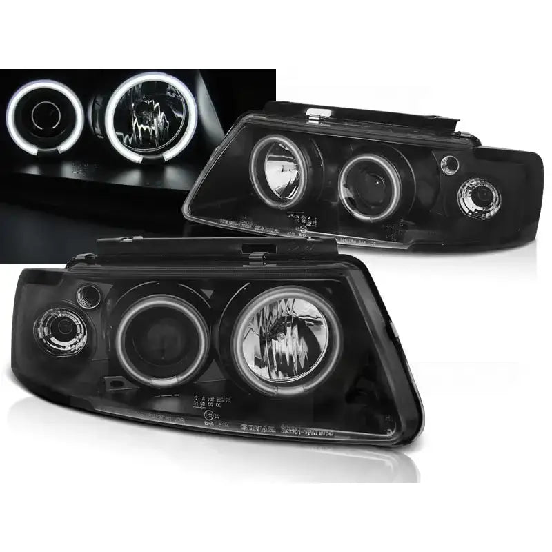 Frontlykter Vw Passat B5 3B Angel Eyes CCFL Black med klart glass og synlige lysringer.