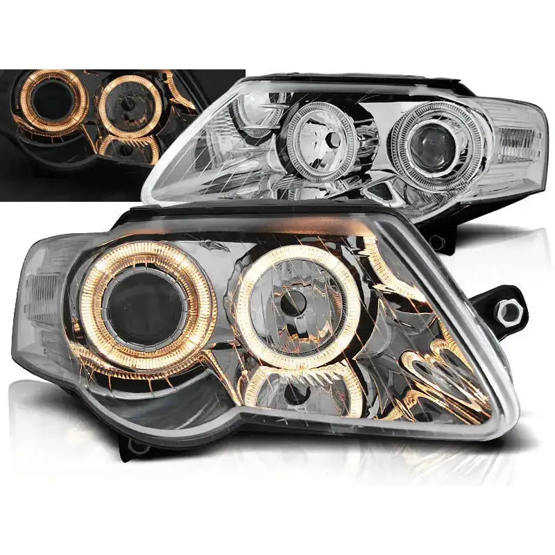 Frontlykter Vw Passat B6 3C med klart glass, sorte og kromdetaljer, LED-lysringer, sett forfra.
