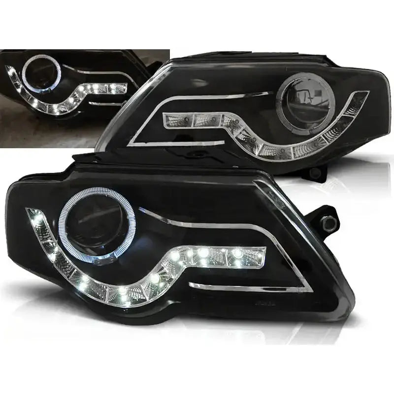 Frontlykter Vw Passat B6 3c 03.05-10 Black Led + Halo Rim