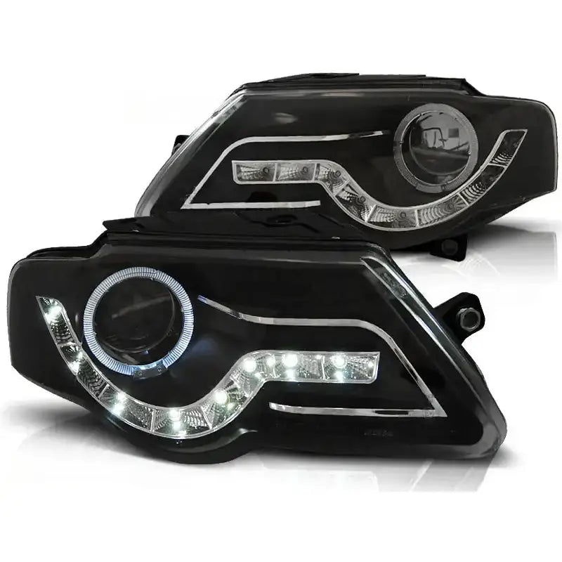 Frontlykter Vw Passat B6 3c 03.05-10 Black Led + Halo Rim