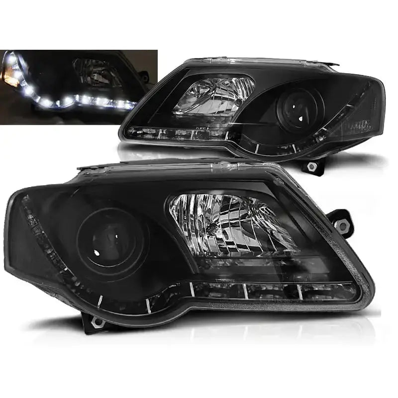 Frontlykter Vw Passat B6 3C med svarte detaljer og LED-lys, sett fra skrå vinkel.