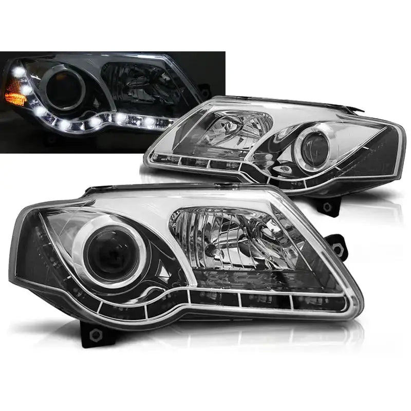 Frontlykter Vw Passat B6 3C med klart glass, svart plast og integrert LED-lysstripe, sett forfra.