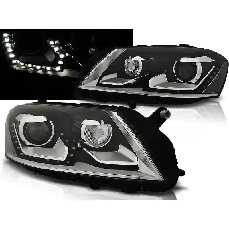Frontlykter Vw Passat B7 Black LED vist fra skrå front med tente lys og moderne detaljer.