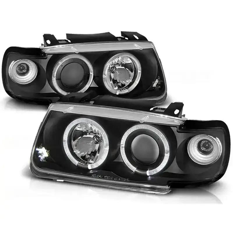 Frontlykter Vw Polo 6N Angel Eyes i sort med ringformede LED-lys og reflekterende detaljer.