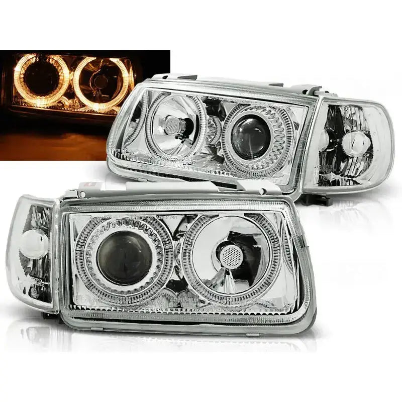 Frontlykter Vw Polo 6N Angel Eyes Chrome med klare linser og kromdetaljer, sett forfra.