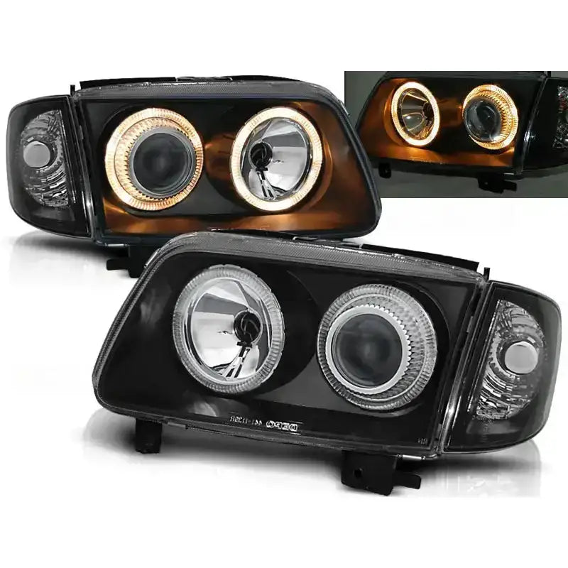 Frontlykter Vw Polo 6N2 Angel Eyes Black med runde linser og LED-lys, både av og på.