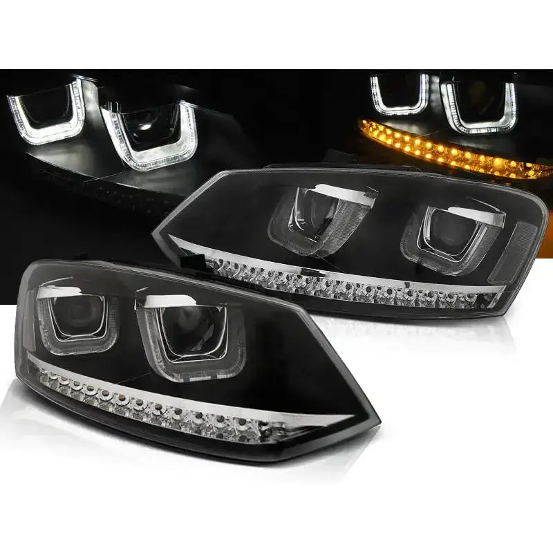 Frontlykter Vw Polo 6R U-Type LED Black sett forfra med klare linser og LED-lysstripe nederst.