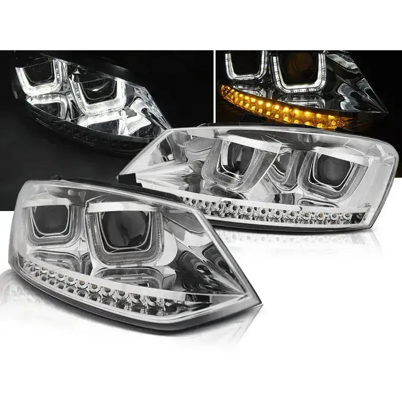 Frontlykter Vw Polo 6R U-Type LED Chrome med klart glass og kromdetaljer, LED-lys tent.