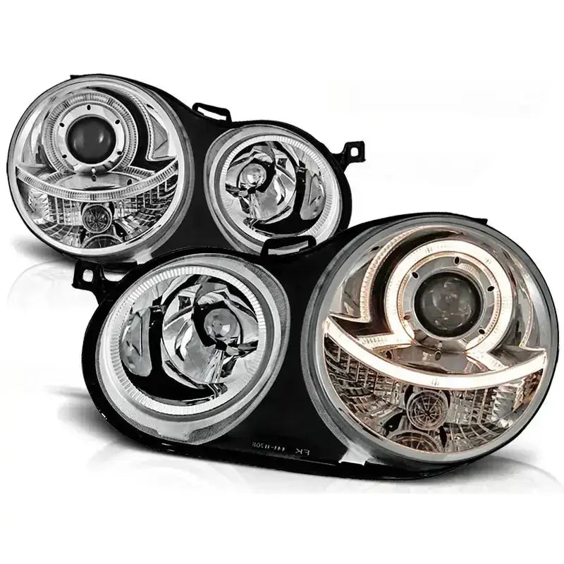 Frontlykter Vw Polo 9N Angel Eyes Chrome med klart glass, sorte detaljer og innebygde LED-lys.