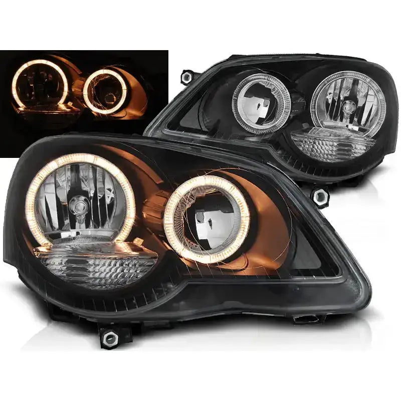 Frontlykter Vw Polo 9N3 Angel Eyes Black med LED-lysringer og svart innfatning, skrå vinkel.