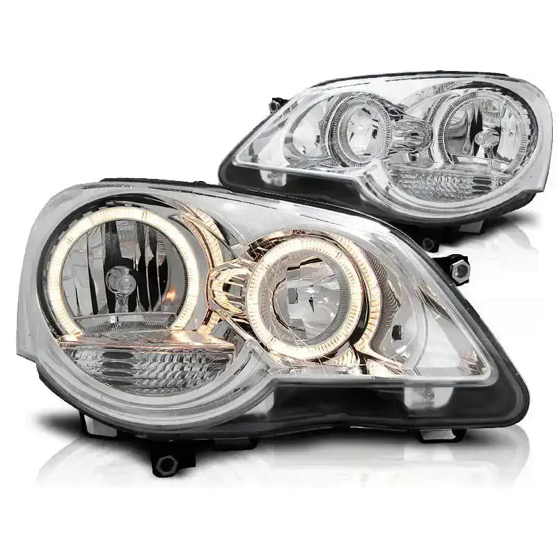 Hovedlykter Vw Polo 9N3 Angel Eyes Chrome med ringformede LED-lys og kromdetaljer mot hvit bakgrunn.
