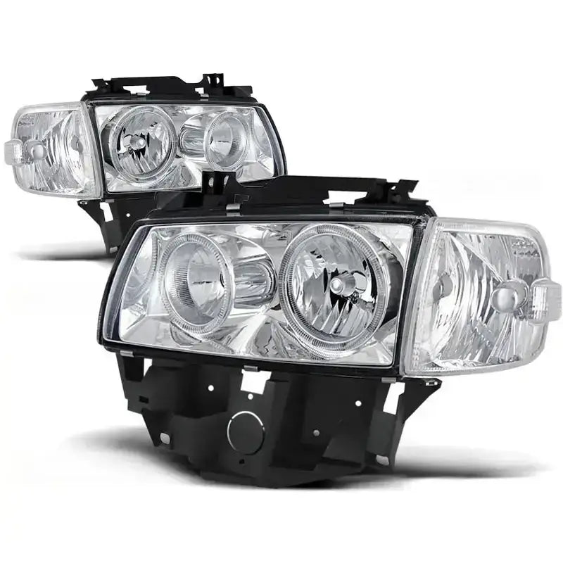 Hovedlykter Vw T4 Angel Eyes Chrome med klart glass og sorte innfatninger sett fra front og side.