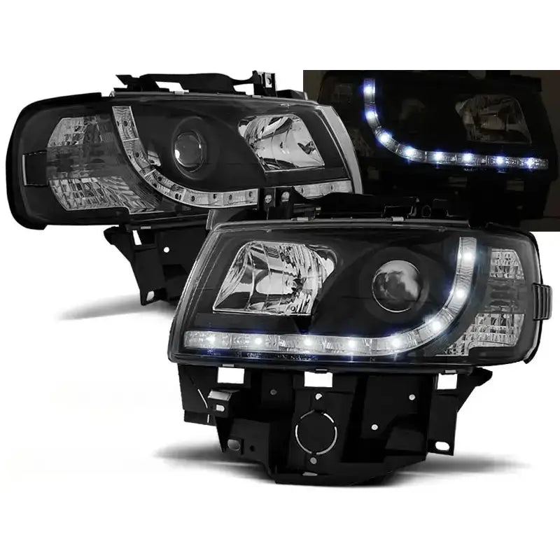 Frontlykter Vw T4 08.96-03.03 BUS Black med LED-lysstriper, sett forfra og fra siden.