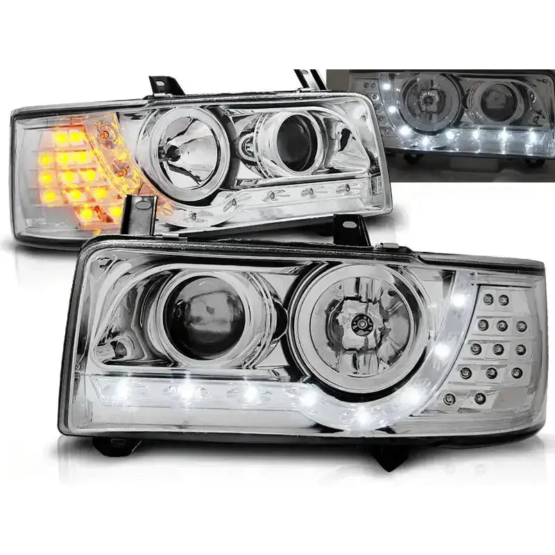Frontlykter Vw T4 90-03.03 i krom med LED-indikatorer og oransje blinklys, sett forfra.