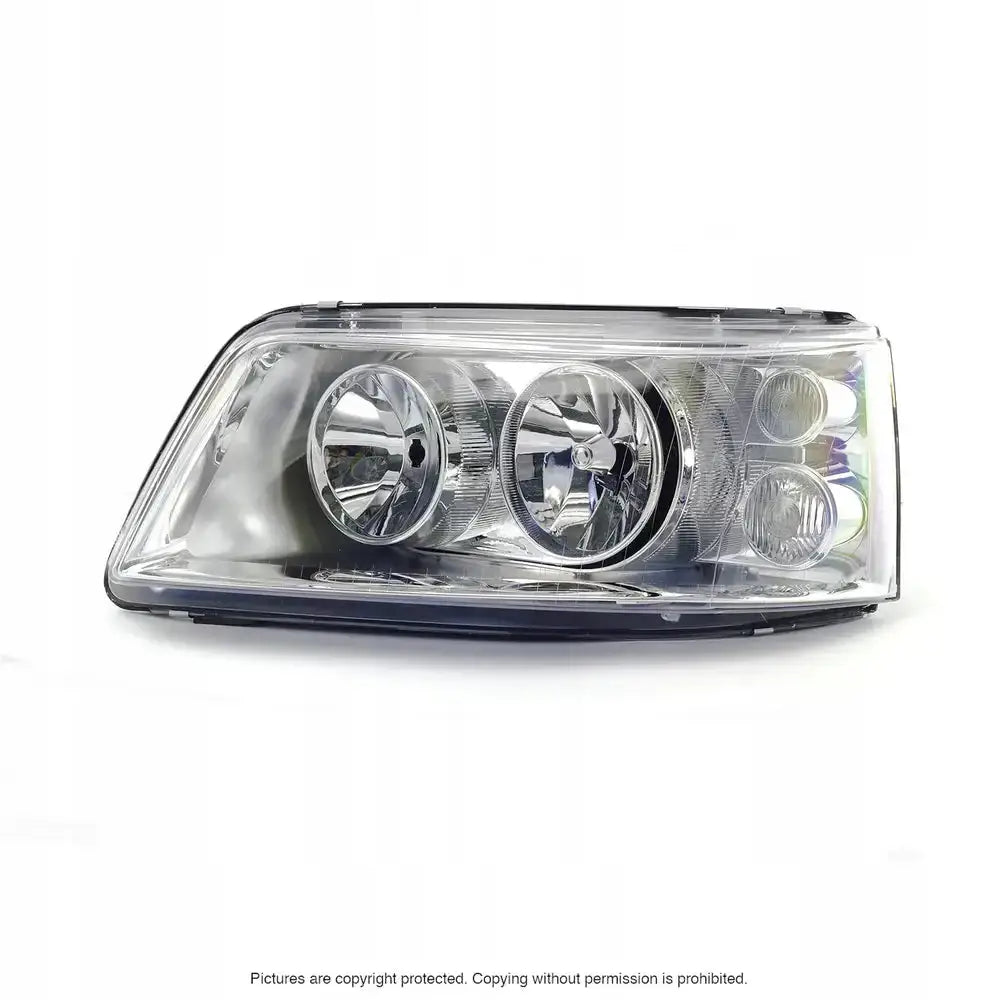 Hovedlys Vw T5 03-09 H7/H1 med klart glass og sølvdetaljer, sett rett forfra.